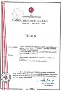 Tesla Otomotiv Marka Yenileme Belgesi
